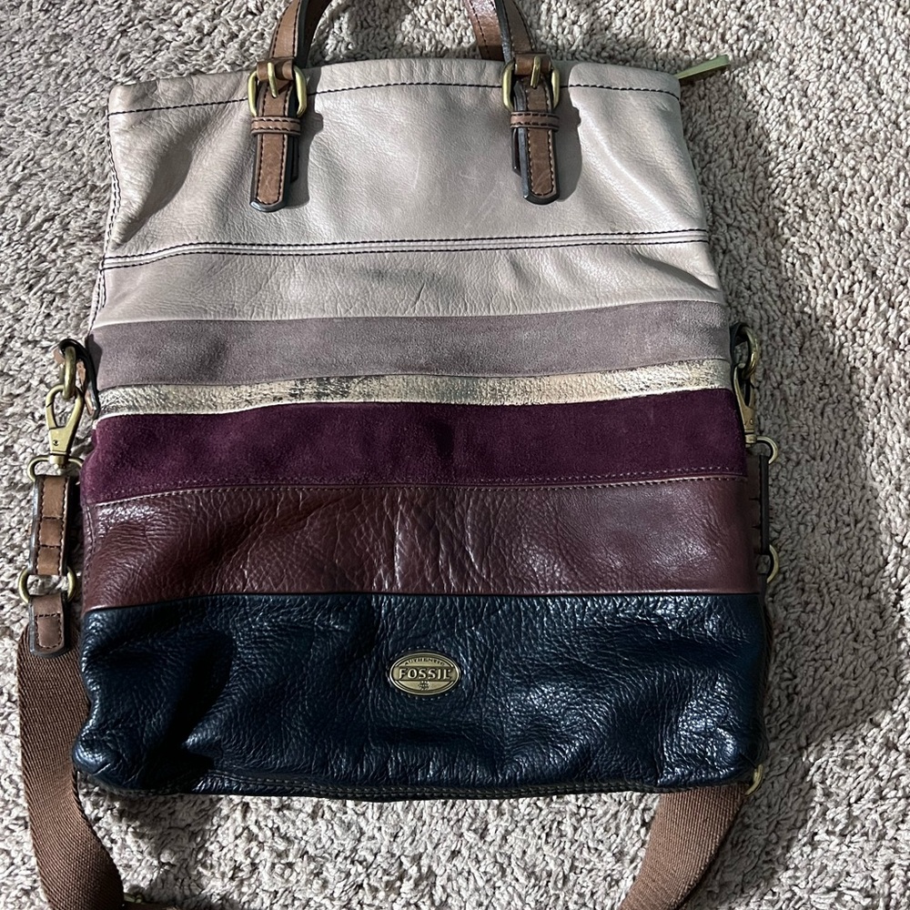 Fossil Explorer X-Large Multi Brown Leather Foldover Crossbody Handbag